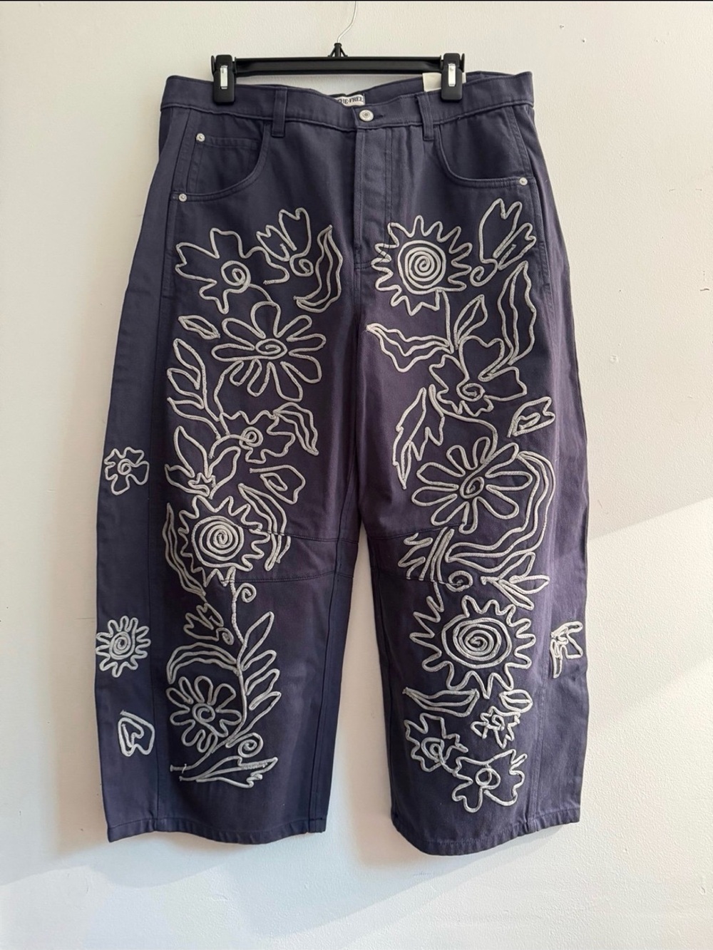 We The Free Navy Wide-Leg Pants with White Floral Embroidery - Picture 2 of 5